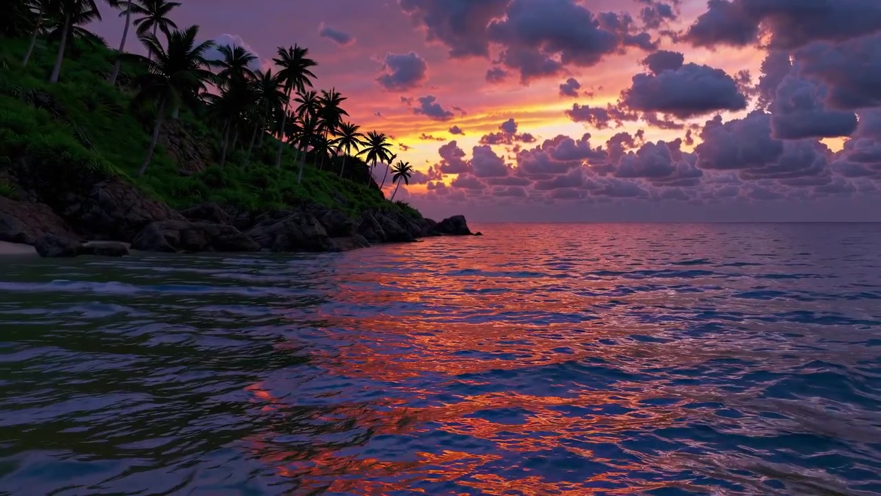 Spiaggia tropicale al tramonto con palme e onde calme dell'oceano