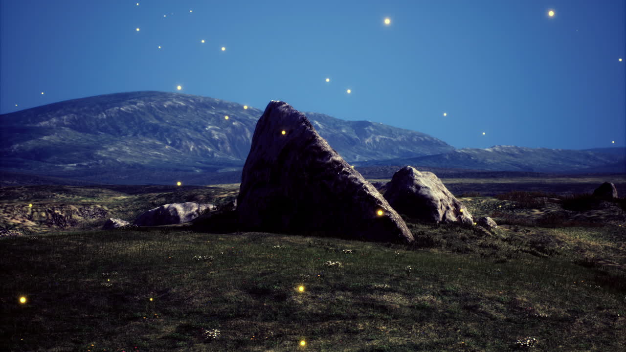 Mysterious rocks under a starry night sky in a serene landscape