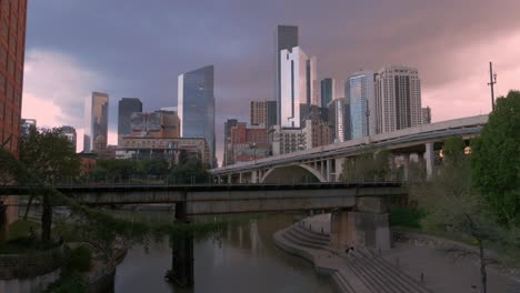 establishing shot of skyscrapers in downtown houston, texas