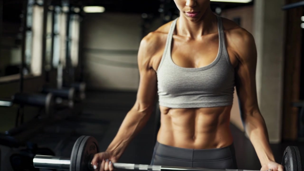 Fitte Frau macht Langhantel-Bizeps-Curls in einem Fitnessstudio.