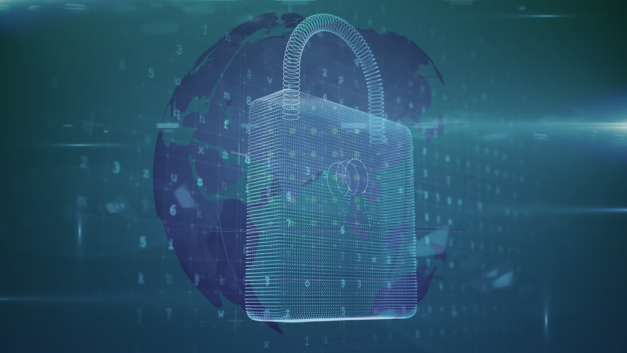 icono de candado de seguridad contra el procesamiento de datos sobre el globo giratorio