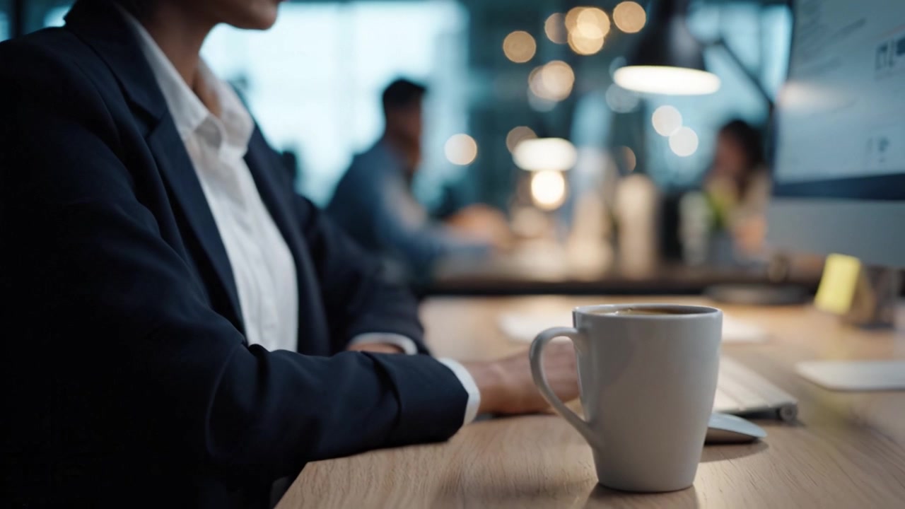Profissional focado em ambiente de escritório com caneca de café, absorto no trabalho, rodeado por iluminação suave e colegas ao fundo.