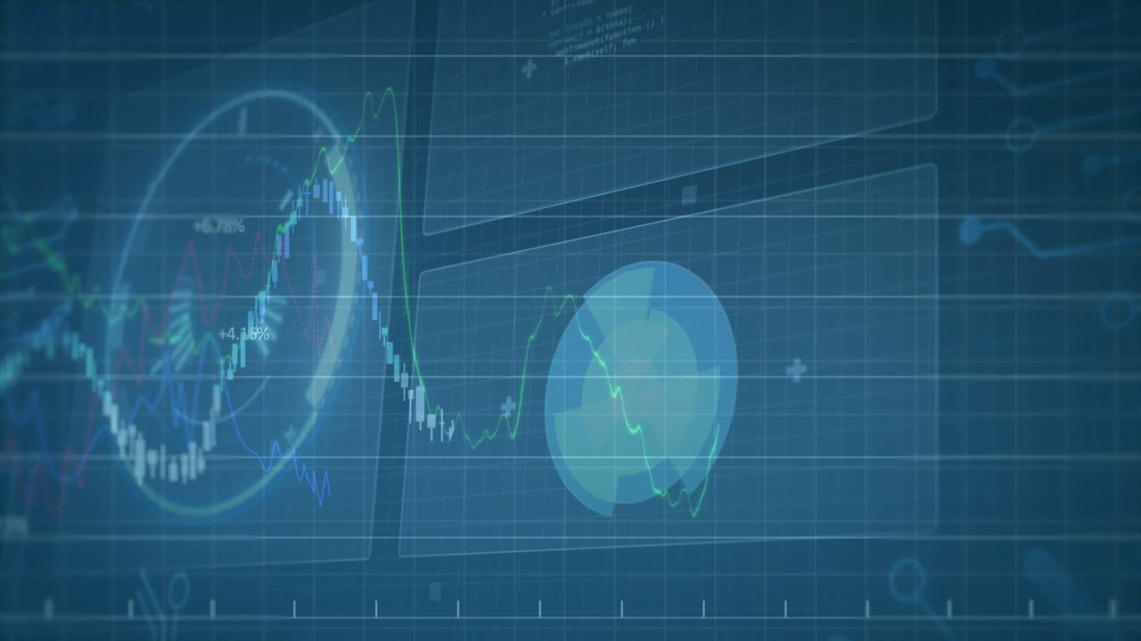 Financial data and stock market analysis animation over blue grid background