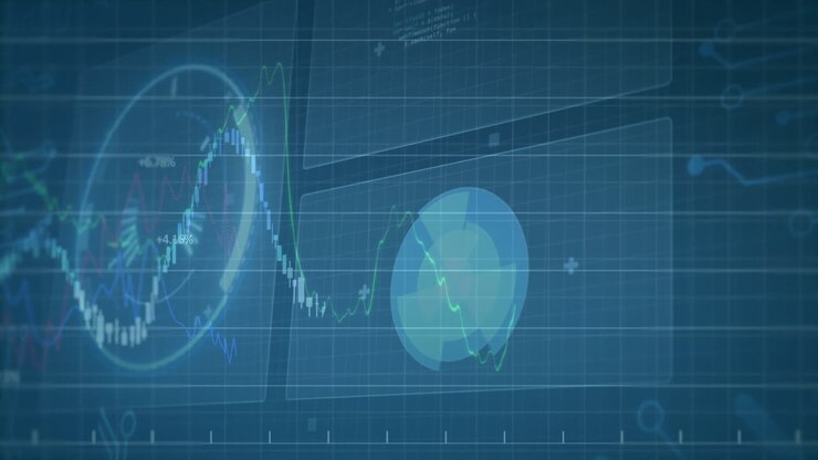 Finansdata- og aksjemarkedsanalyse-animasjon over blå rutenettbakgrunn