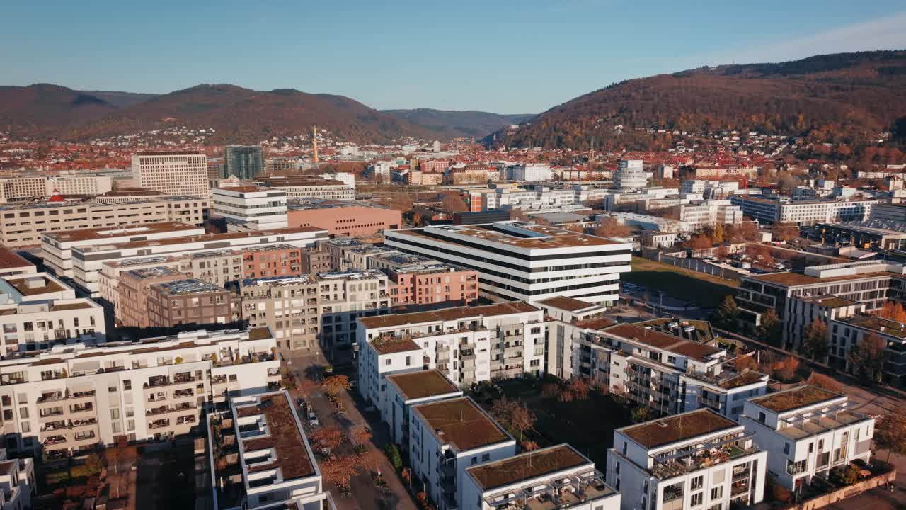 Modern Urban Planning: Aerial View of Heidelberg's Bahnstadt – World's Largest Passive House Settlement Uniting Living, Working, and Sustainability