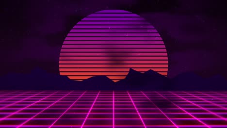 paisaje nocturno con gran gradiente de sol y cuadrícula púrpura en estilo de los años 80