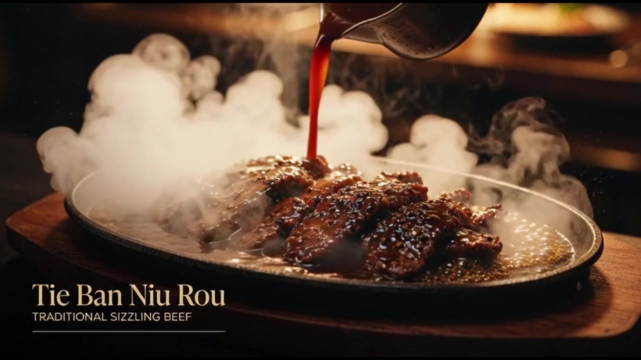 Pouring Savory Sauce Over Sizzling Beef on a Hot Iron Plate