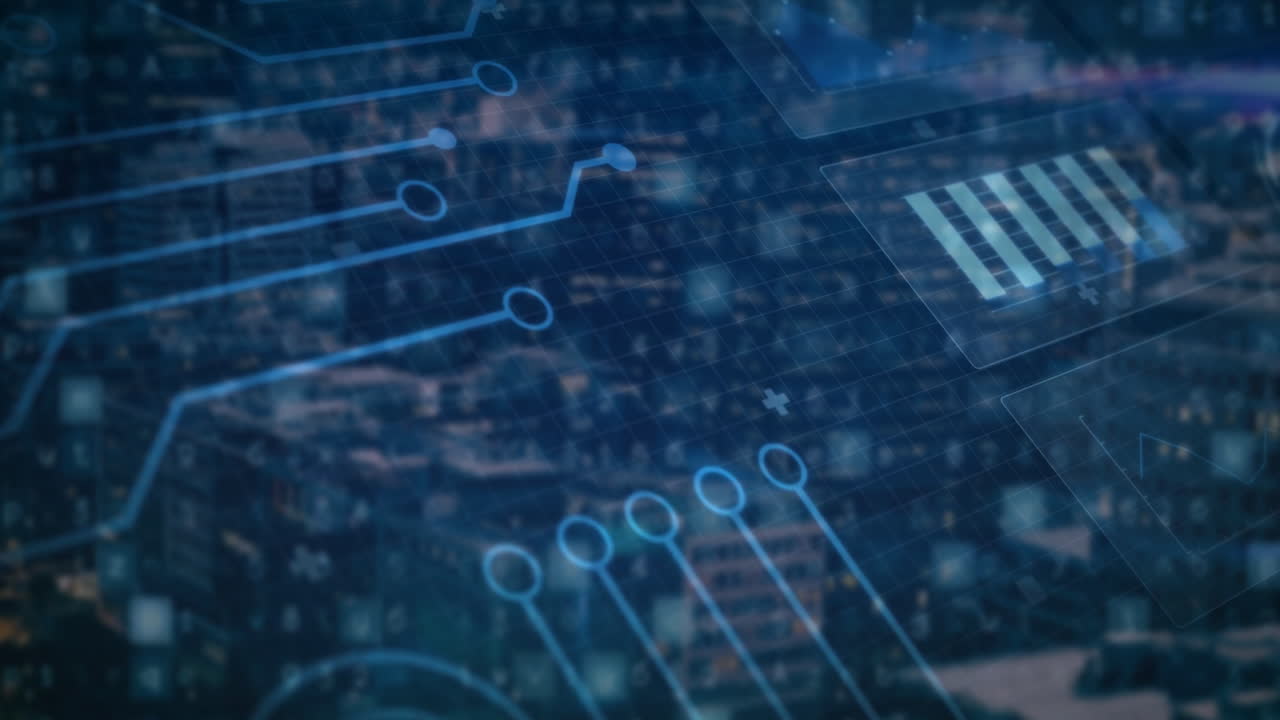 Cityscape with digital circuit lines overlay, illustrating technology integration concept