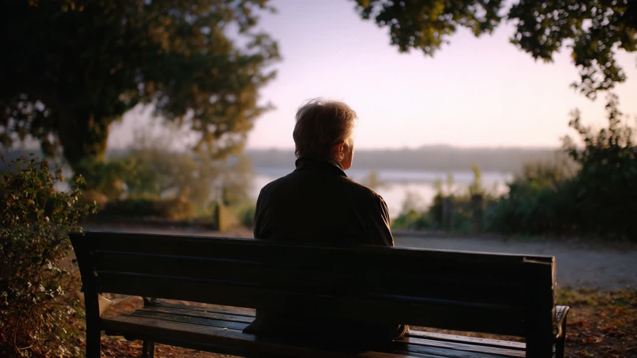 A Serene Moment: Capturing Tranquility as a Person Sits on a Bench Overlooking a Beautiful Water Body and Scenic Landscape at Dusk