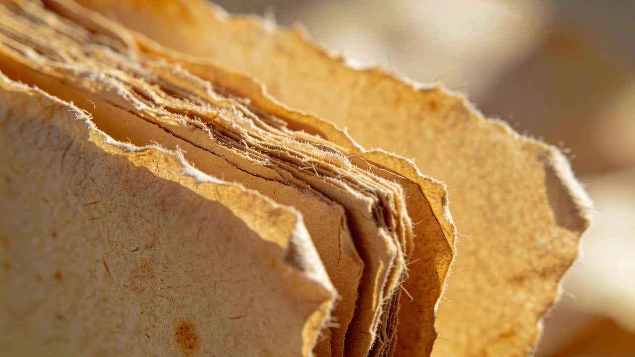 Caméra en mouvement révélant une pile de papier texturé déchiré à la main sur un plateau de table, montrant les fibres et les couches.