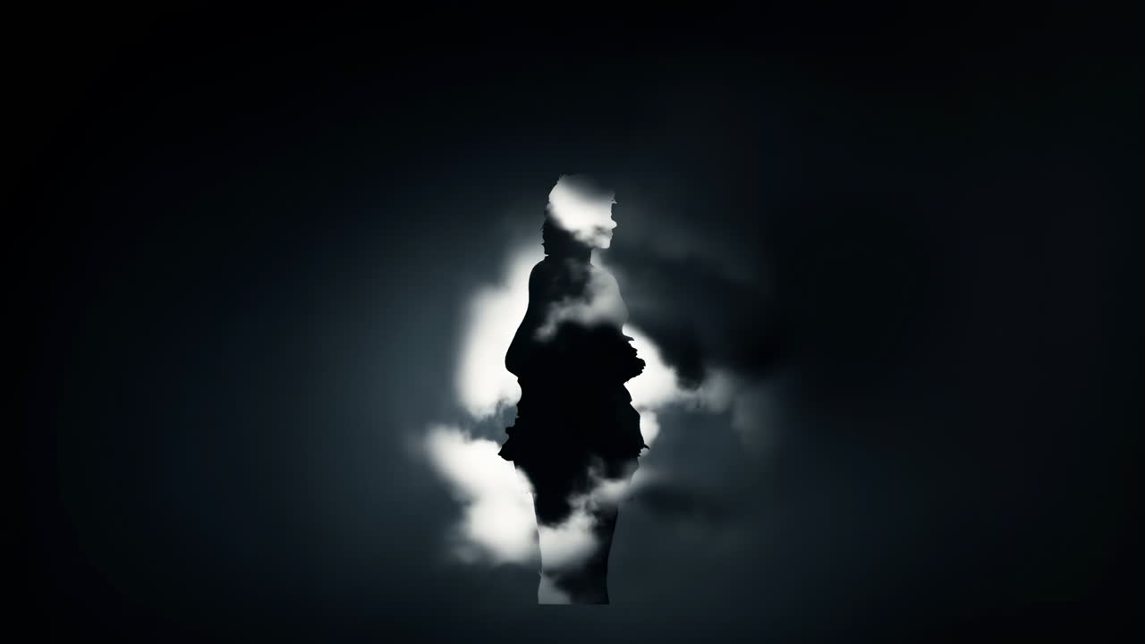 Silhouette Emerging From Swirling Smoke And Mist, Dramatic Backlit Figure Surrounded By Vapor And Eerie
