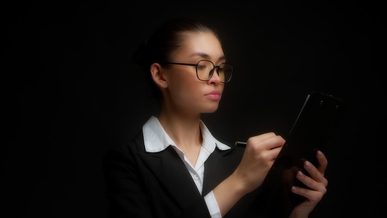 una castaña estricta en un fondo negro aislado firma documentos.