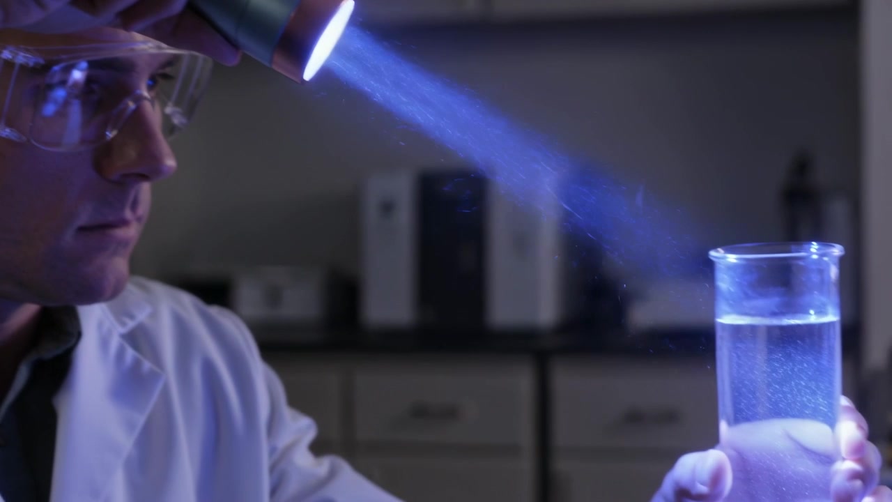 Turning on blue torch tech labcoat goggles inspecting beaker ice, seeing scatter in lab, copy space