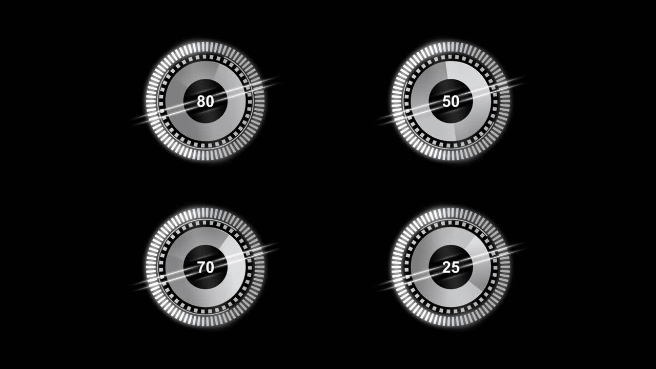 Alpha Channel of 4K futuristic HUD animation of progress circles (80, 50, 70, 25) with glowing digital effects. Ideal for technology, data visualization, dashboards, UI, UX, and infographic projects