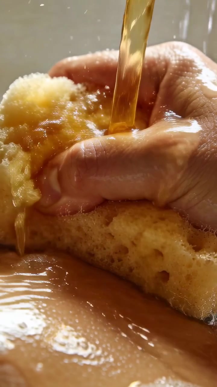 Vertical video: Squeezing hand pressing yellow sponge in sink, pouring brown liquid releasing fluid