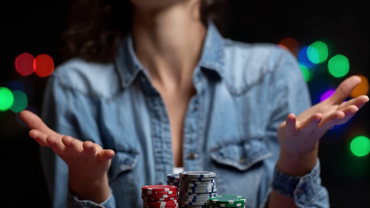 Excitement and Uncertainty: A Woman's Journey Through the High-Stakes World of Poker with Colorful Chips and Lively Bokeh Backgrounds
