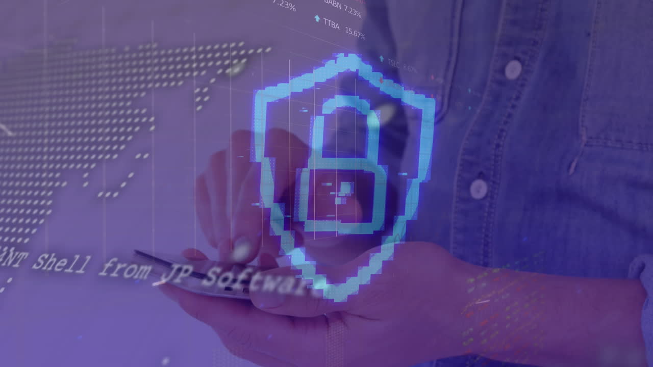 animación del procesamiento de datos sobre una mujer que usa un teléfono inteligente