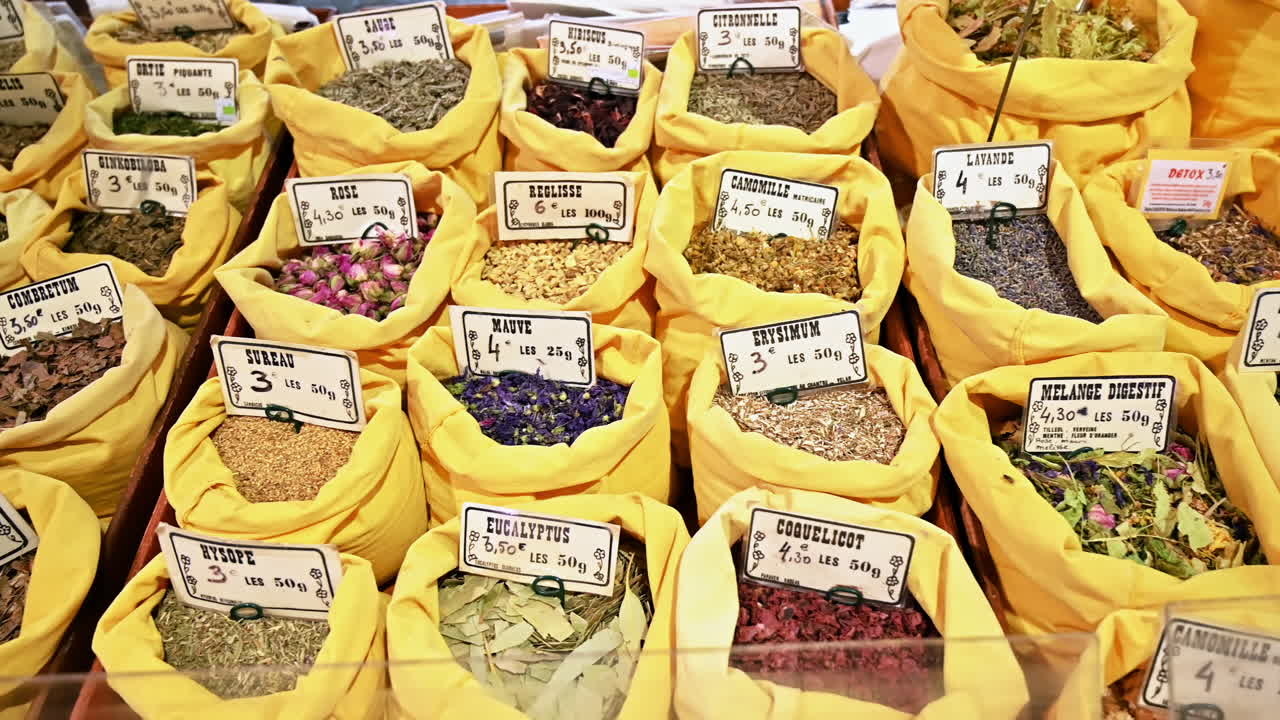 Spice counter at a market pavilion in Cannes, France