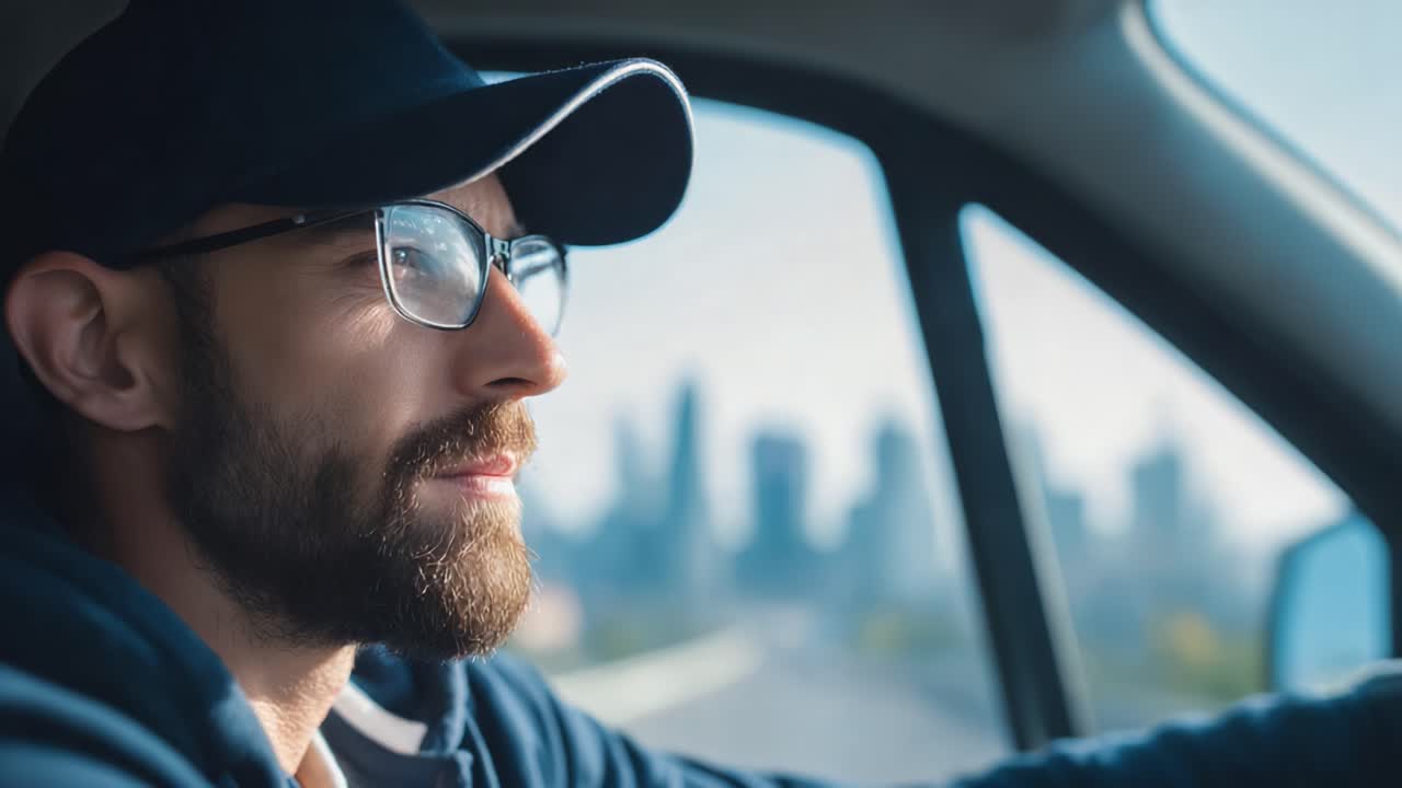A focused individual drives through a bustling cityscape, showcasing a moment of contemplation and connection with the urban environment around him