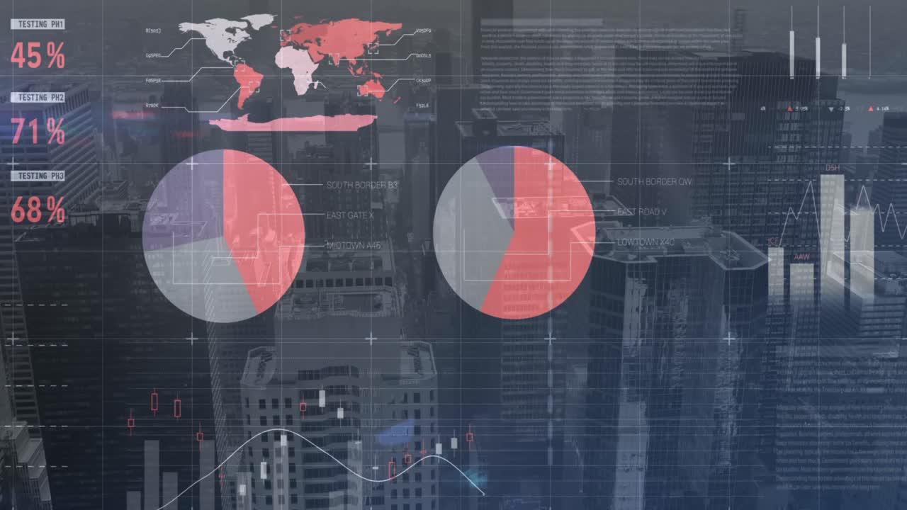 animación de la interfaz infográfica moviéndose sobre la vista aérea de los rascacielos modernos en la ciudad.