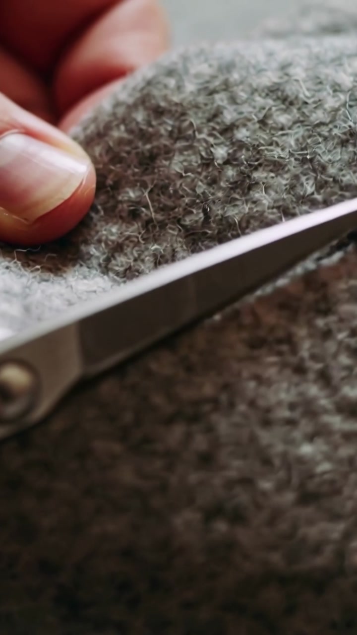 Vertical video: Scissor tip entering frame causing hand trimming grey wool on table, cutting fibers