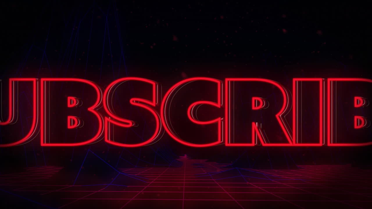 Glowing neon red SUBSCRIBE text over retro grid animation background