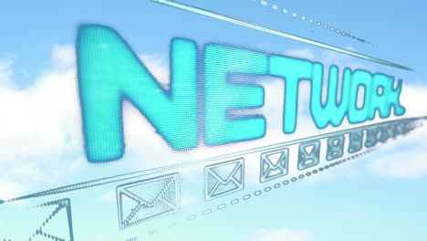 animación de la red social de texto azul y los iconos de los sobres de correo electrónico sobre el cielo azul