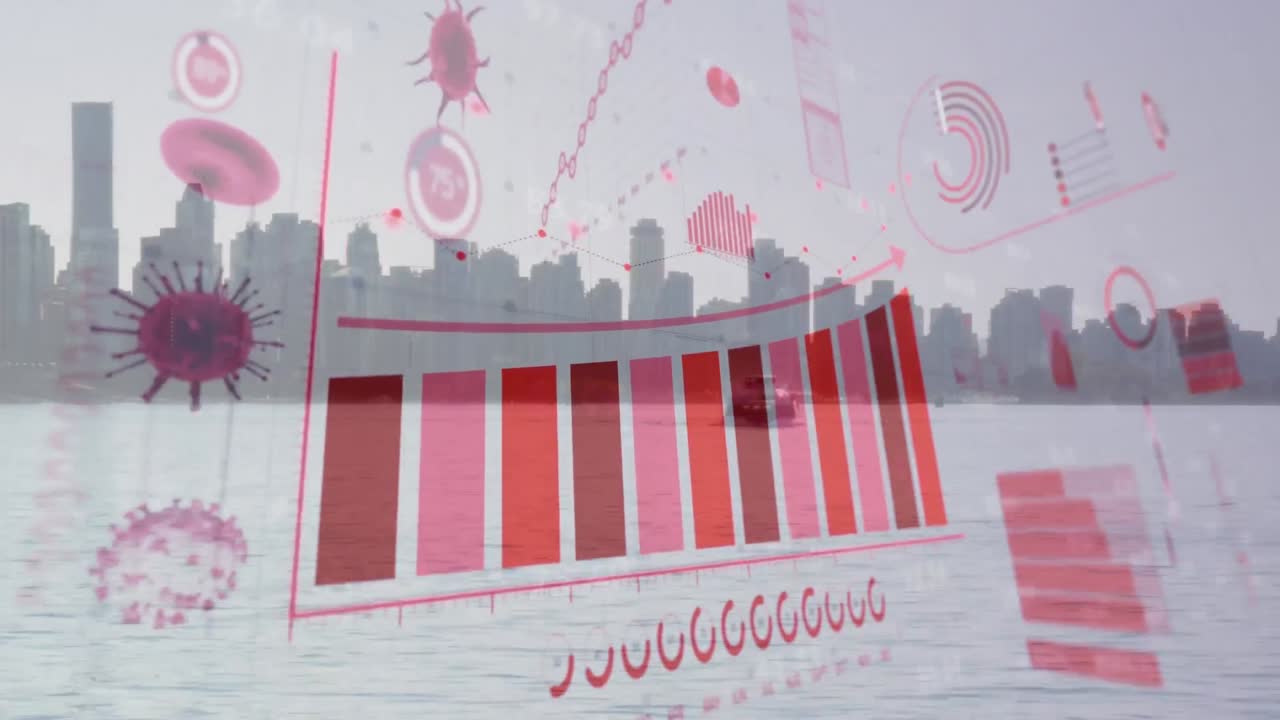 바다와 도시 풍경에 대한 코로나바이러스 디지털 인터페이스