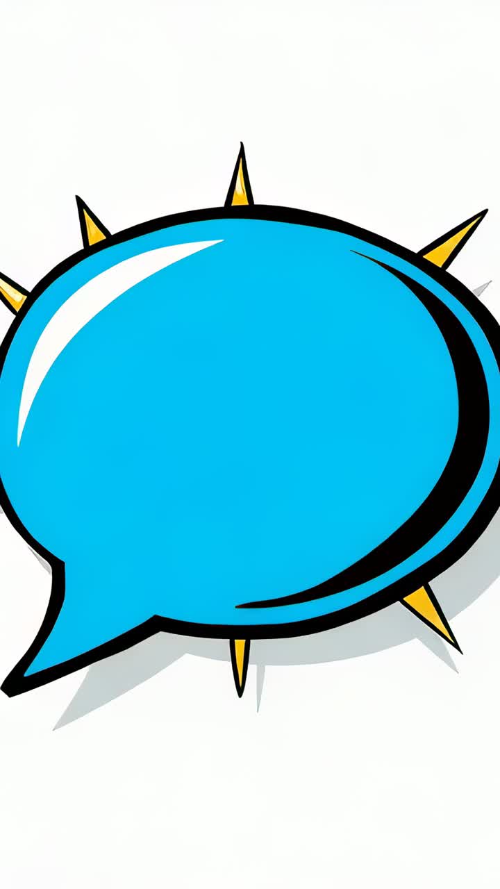 Vertical video: Panning blue speech bubble zooming on white canvas with black rim and gold spikes