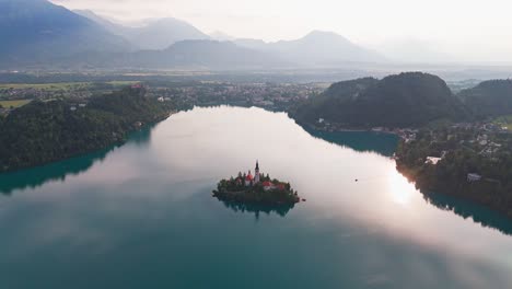 cinematic view of lake bled during the morning hours