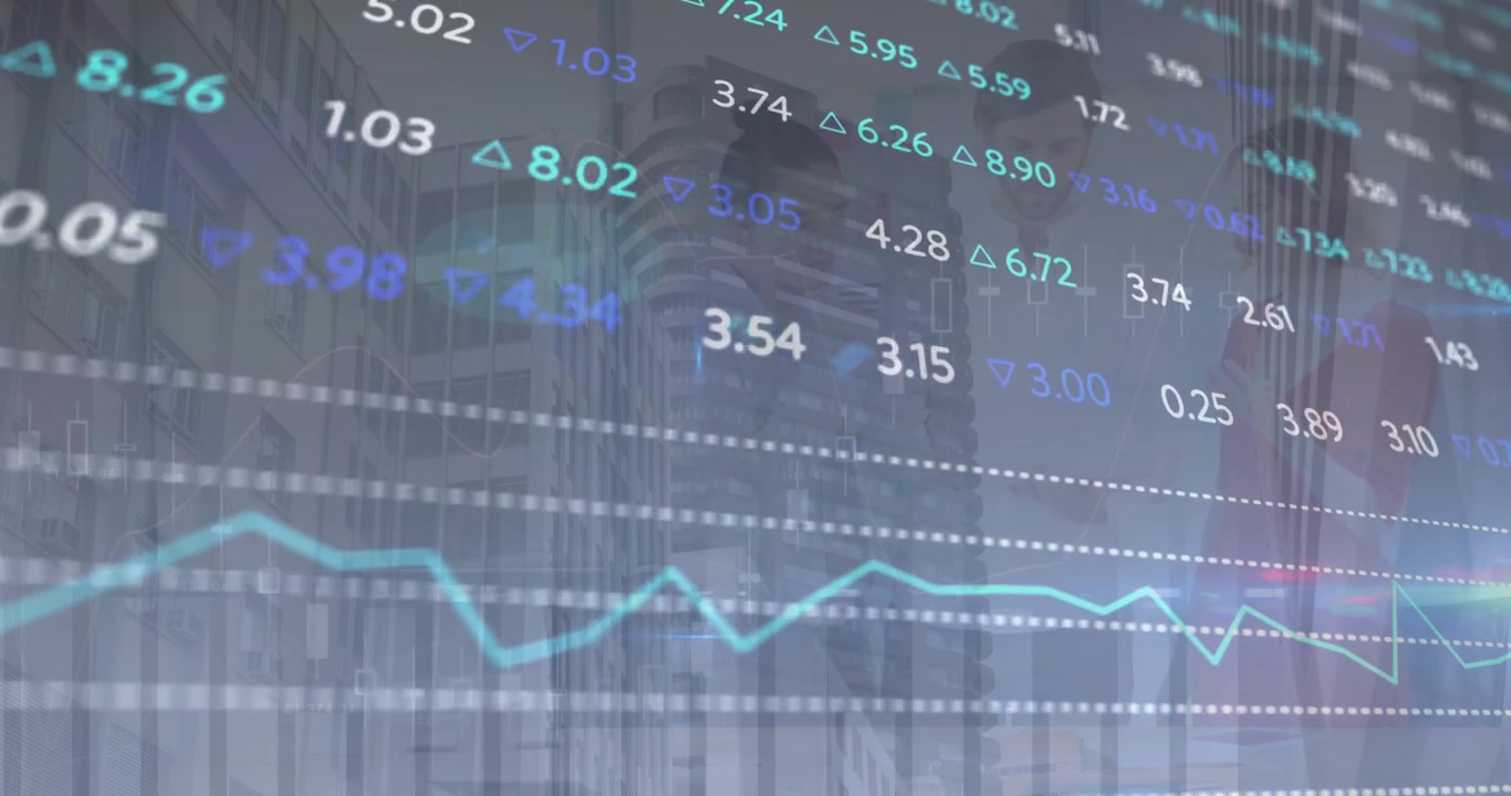 Animation of financial data processing over cityscape and business people