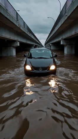 car driving through deep floodwaters under a bridge
