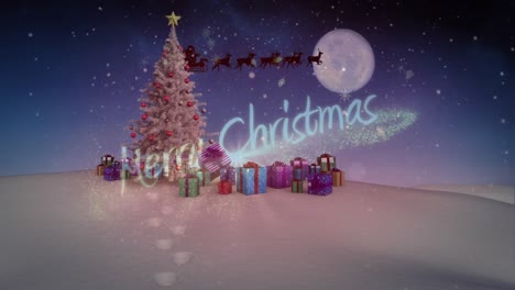 Texto-De-Feliz-Navidad-Y-Copos-De-Nieve-Cayendo-Contra-El-árbol-De-Navidad-Y-Regalos-En-El-Paisaje-Invernal