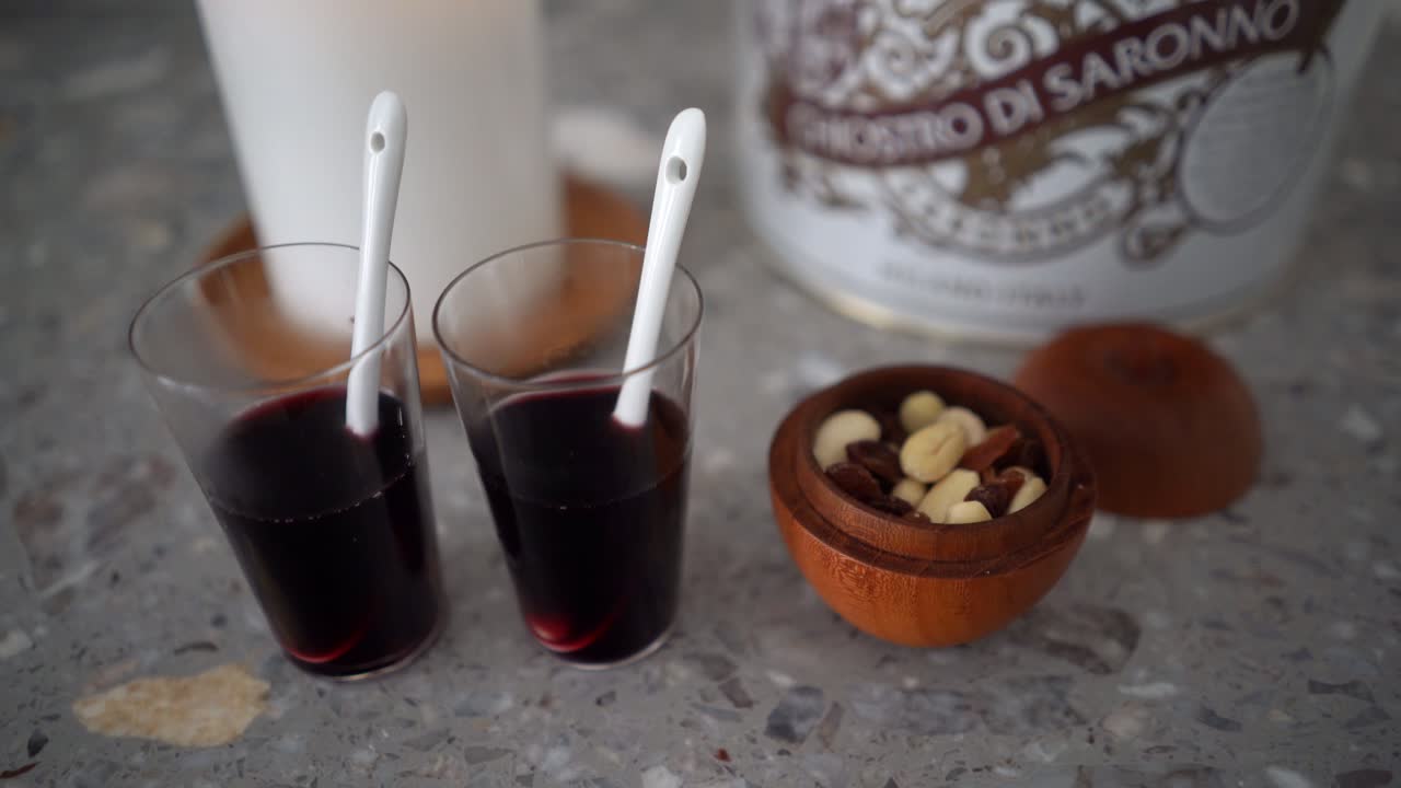 Mulled wine, glögg, with blanched almonds and raisins, Swedish tradition