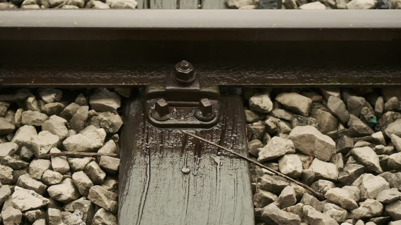 Close up view of rain falling on train tracks creating ripples and reflections