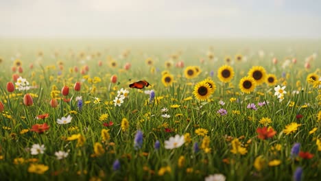 a vibrant meadow filled with colorful flowers and a graceful butterfly amidst the nature's charm, capturing a serene moment of outdoor beauty