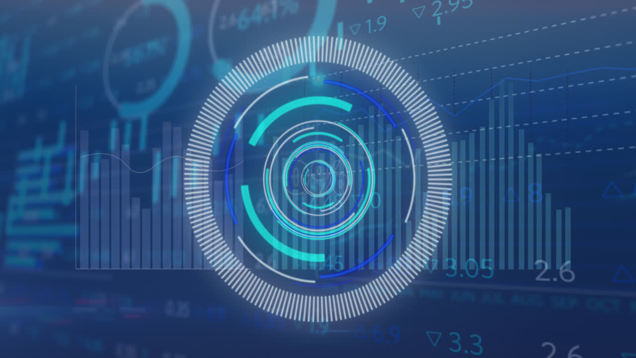 animación de un escáner redondo, procesamiento de datos estadísticos y bursátiles contra un fondo azul