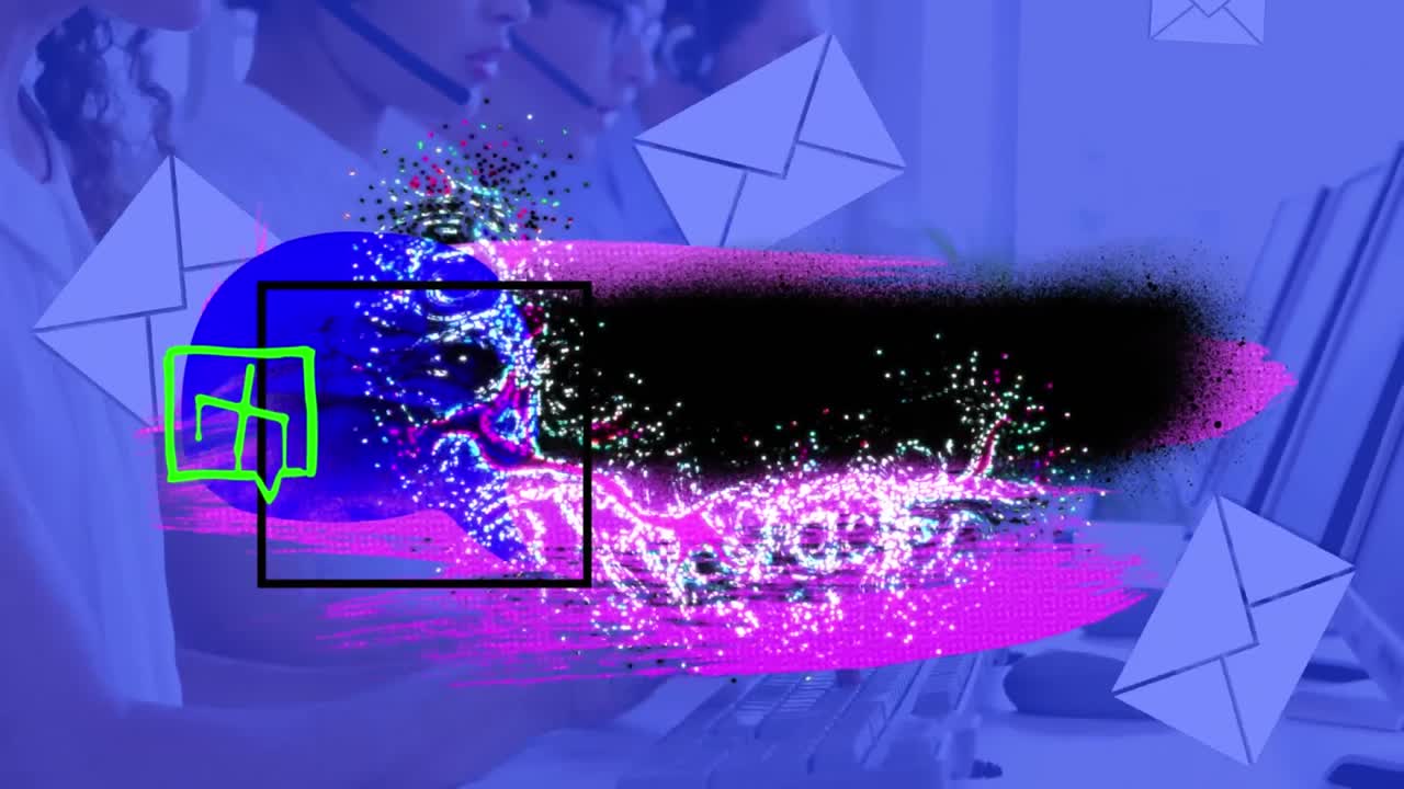 헤드 ⁇ 을 착용 한 사업가 들 위 에 다채로운 모양 과 아이콘 의 애니메이션