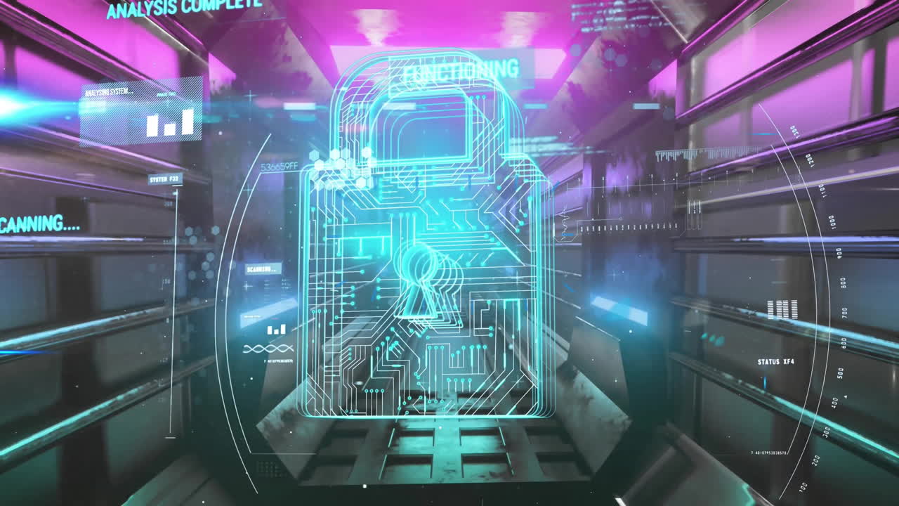 Animation of digital data processing over padlock icon