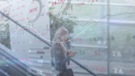 animation of financial data processing over caucasian businesswoman in office