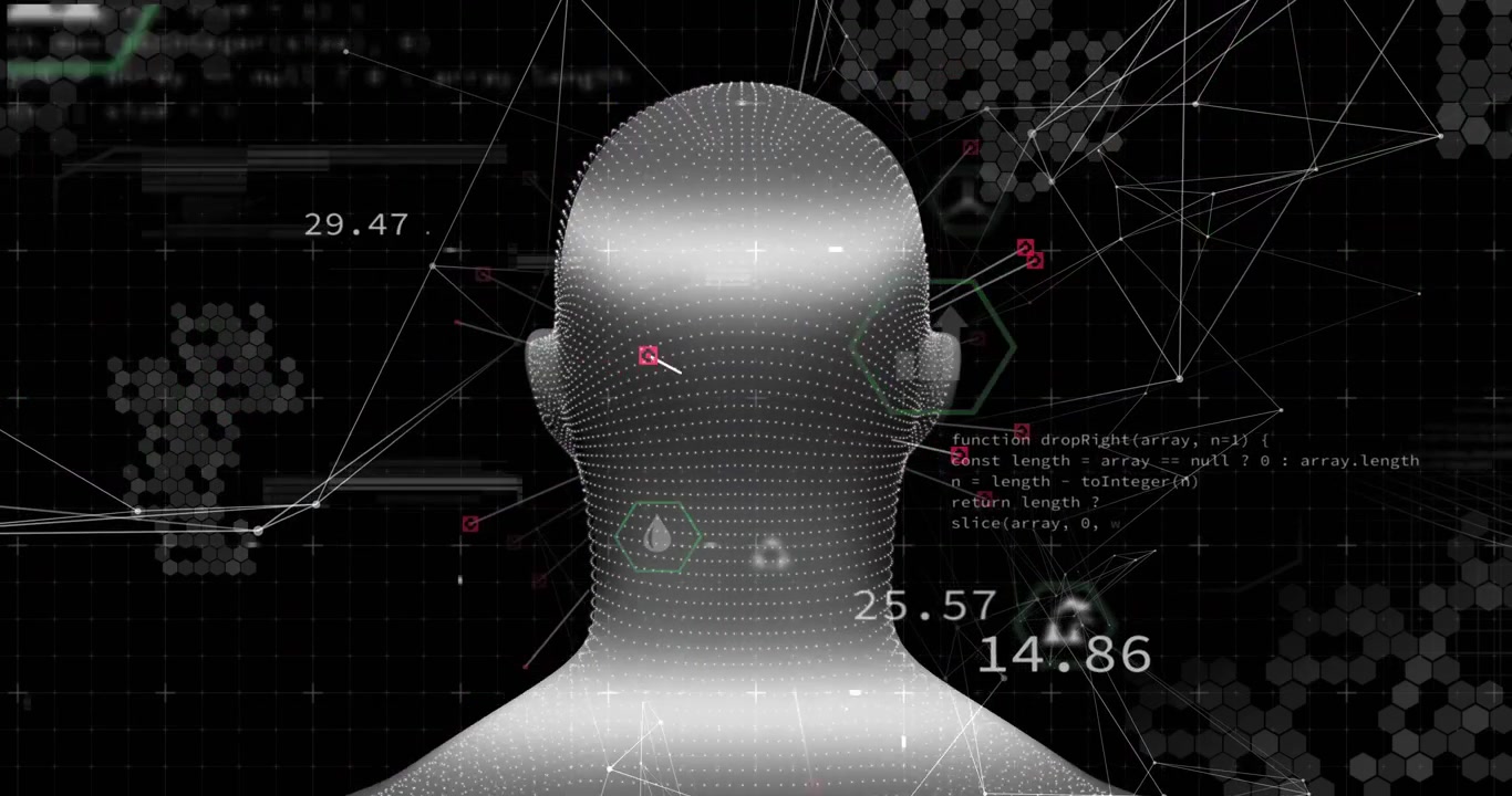 Scan starting dotted mesh head rotating, pins attaching and values updating, enabling biometrics