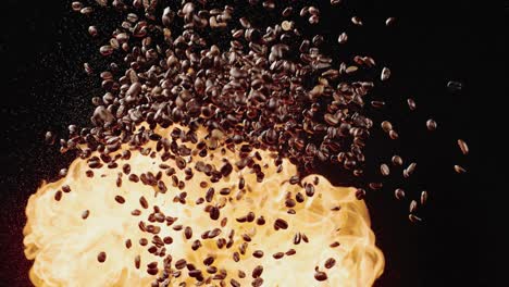 coffee beans fly through the air near a flame