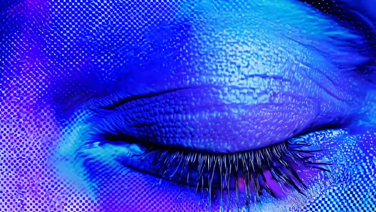 Close-up of a blue-toned eye with digital effects, shot from a direct angle, evoking a futuristic