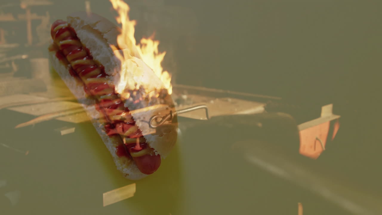 Over fiery grill, hot dog with ketchup and mustard grilling deliciously