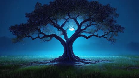 a solitary tree stands majestically in a tranquil landscape under the glow of a full moon. the deep blue hues of night create an enchanting atmosphere, highlighting the tree's intricate branches and leaves. surrounding grass sways gently in the cool evening breeze, adding to the peaceful ambiance. s