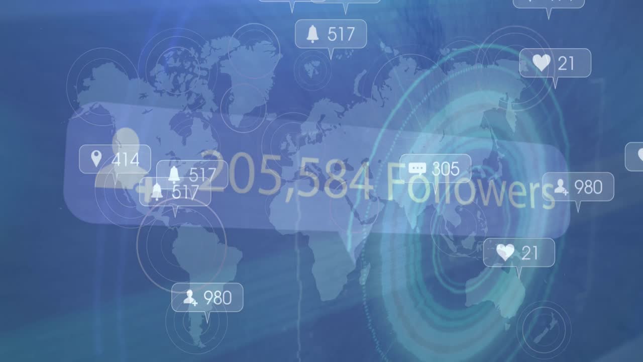 세계 지도 위에 있는 소셜 미디어 아이콘과 숫자의 애니메이션