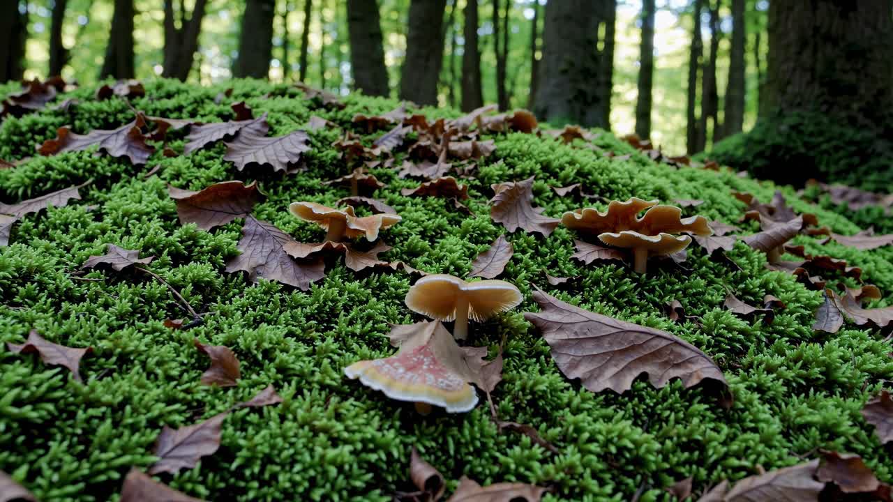 Low-angle video captures a serene forest floor with vibrant green moss, scattered leaves