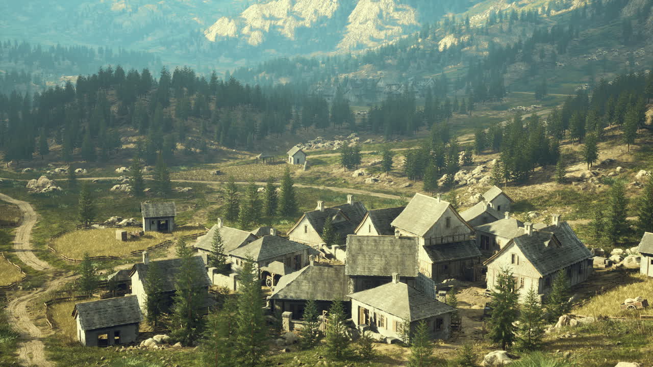 Rustic village nestled in a serene valley surrounded by majestic mountains