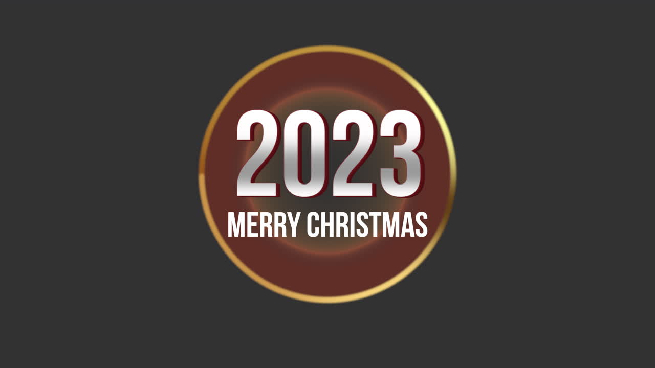 2023 e Buon Natale in cerchio con coriandoli dorati svolazzanti su gradiente nero
