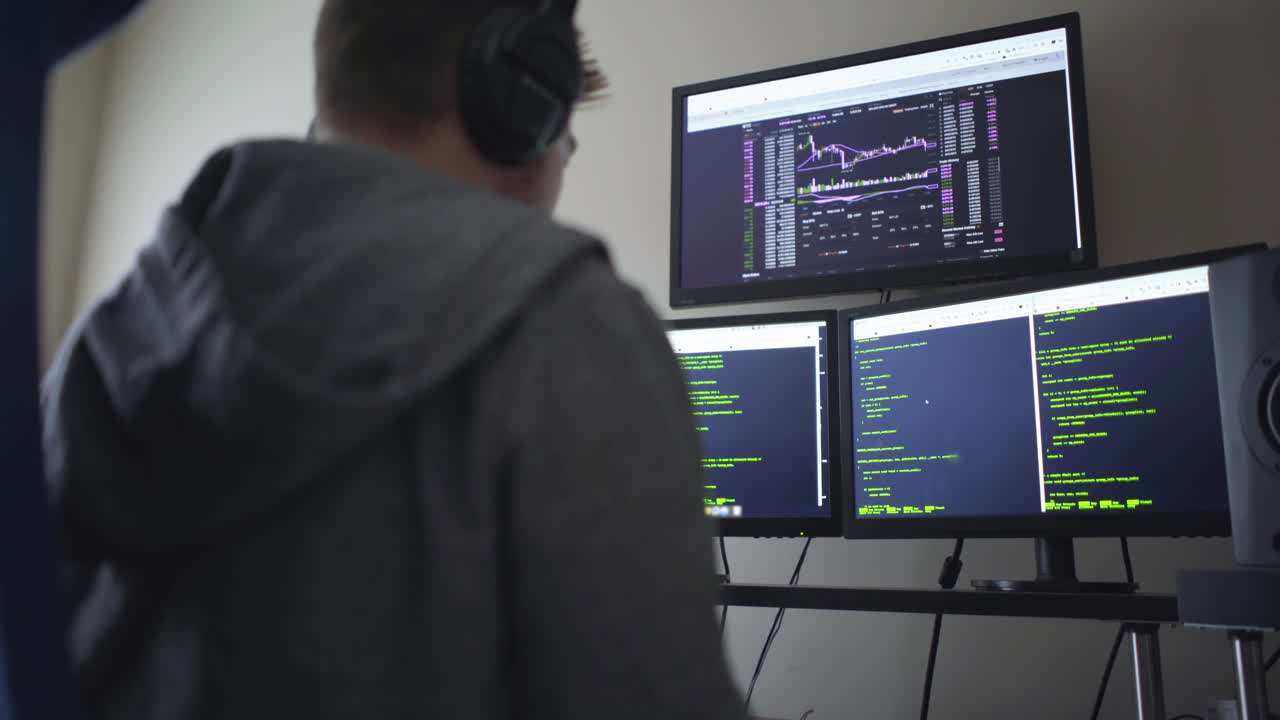 hacker con tres pantallas de computadora escribiendo lejos